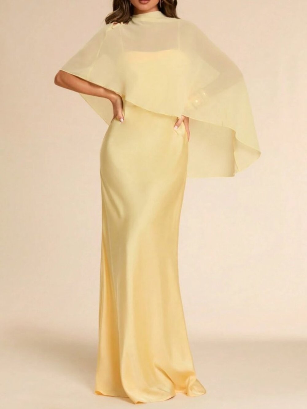 Butter Yellow Satin Maxi Dress with Sheer Cape Overlay